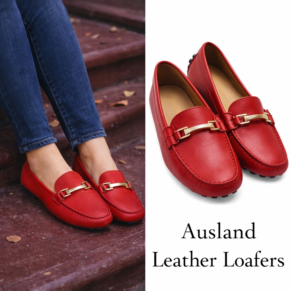 Ausland Red Driving Loafers Size 39 (US 8.5) Moccasin Flats Gold Bit Slip On - Picture 2 of 11